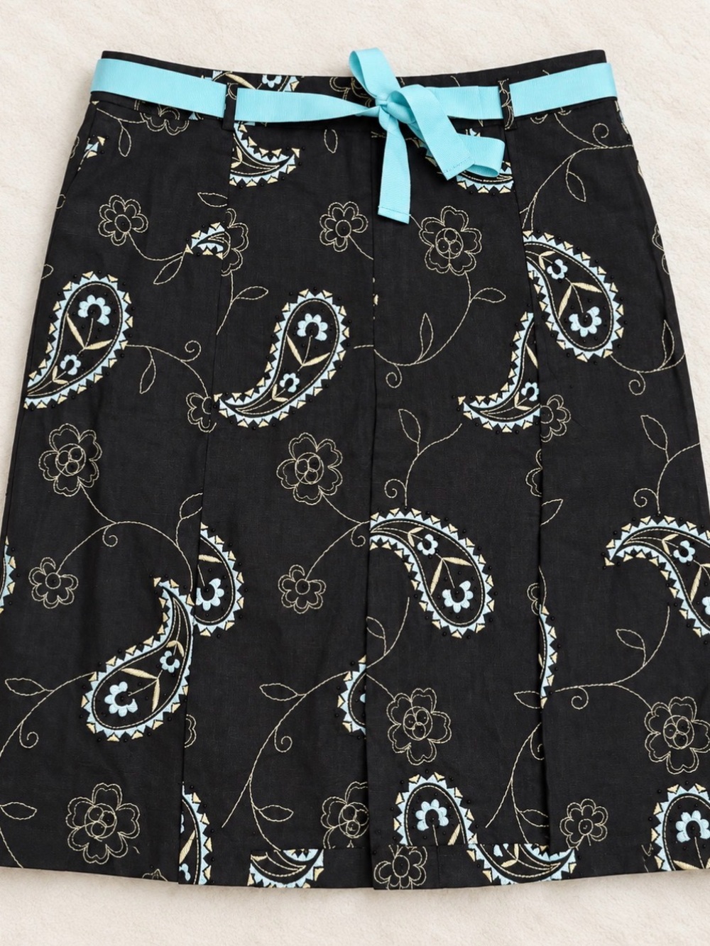 NWT Grace Elements Linen Skirt Womens 10 Black Paisley Embroidered Beaded Belt
